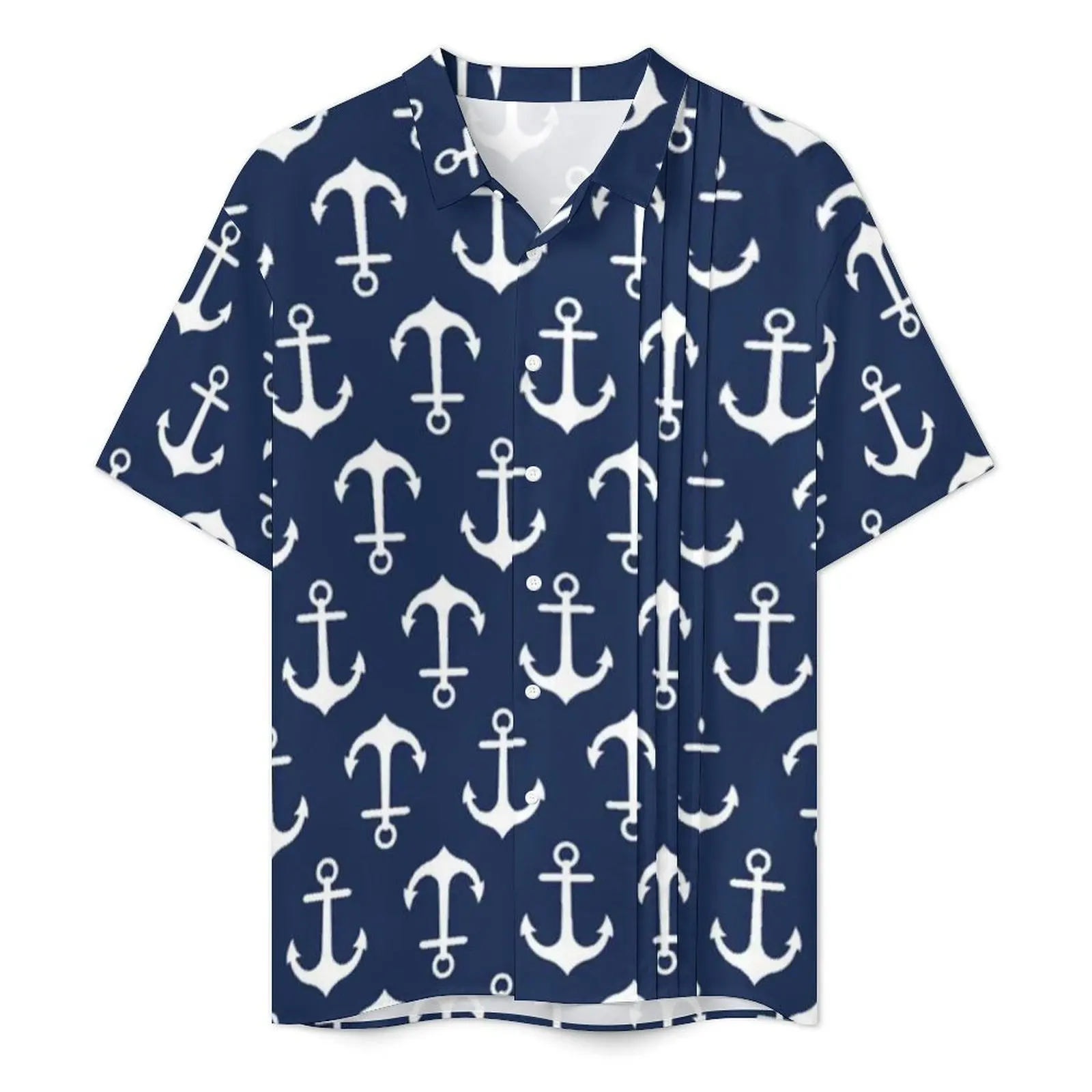 Navy Blue Nautical Vacation Shirt Anchor Summer Casual Shirts Male Trendy Blouses Short Sleeve Streetwear Graphic Clothes