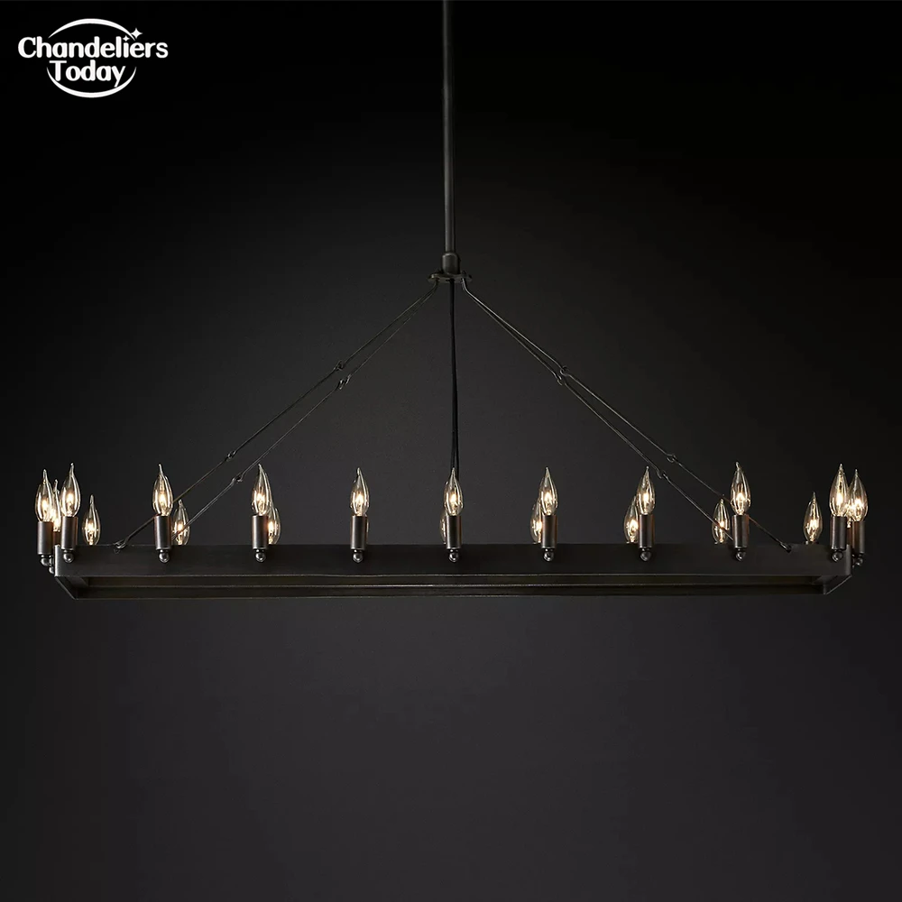 Camino Vintage Candelabra Rectangular Chandelier Black Iron Linear Chandelier Lighting Traditional Farmhouse LED Light Fixture