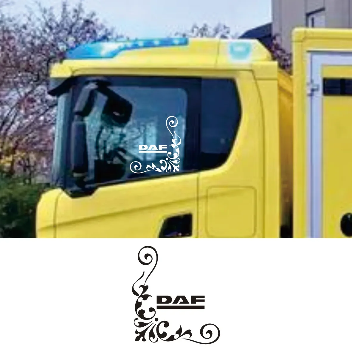For x2 DAF Lorry Truck Cab Window Stickers Calligraphy Corner Vinyl Graphics LOR31