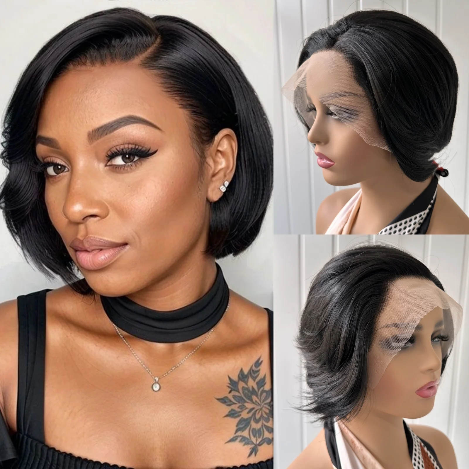 

RDY Pixie Cut Wig Jet Black Straight Short Cut Bob Synthetic Lace Front Wig Glueless Layered Hair Frontal Lace Wigs for Women