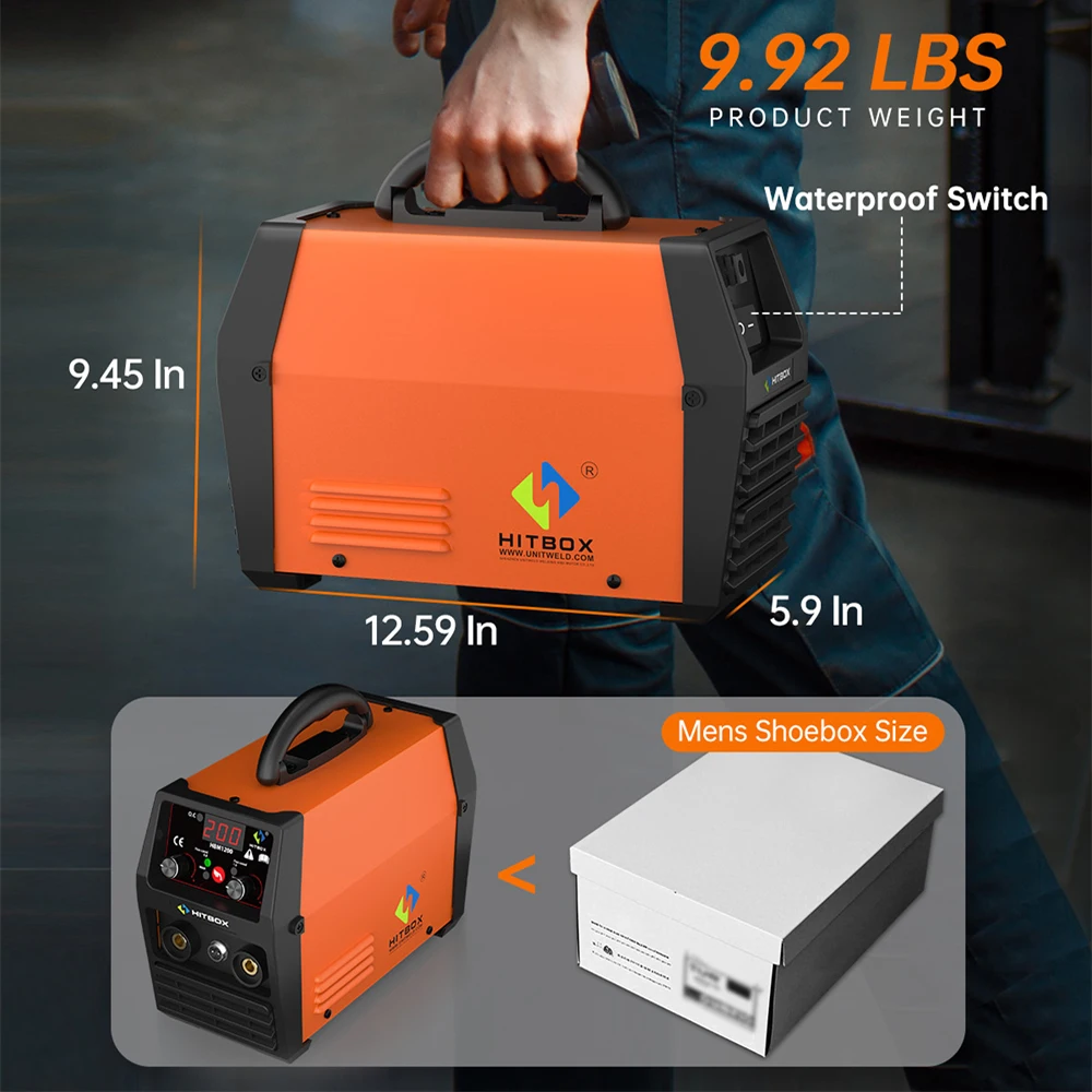 HITBOX MIG Welding Machine 220V 50/60Hz HBM1200 3 in 1 Semi-Automatic Inverter Welder Large Display ARC/MIG/Lift TIG Gasless Soldering Outdoor Home