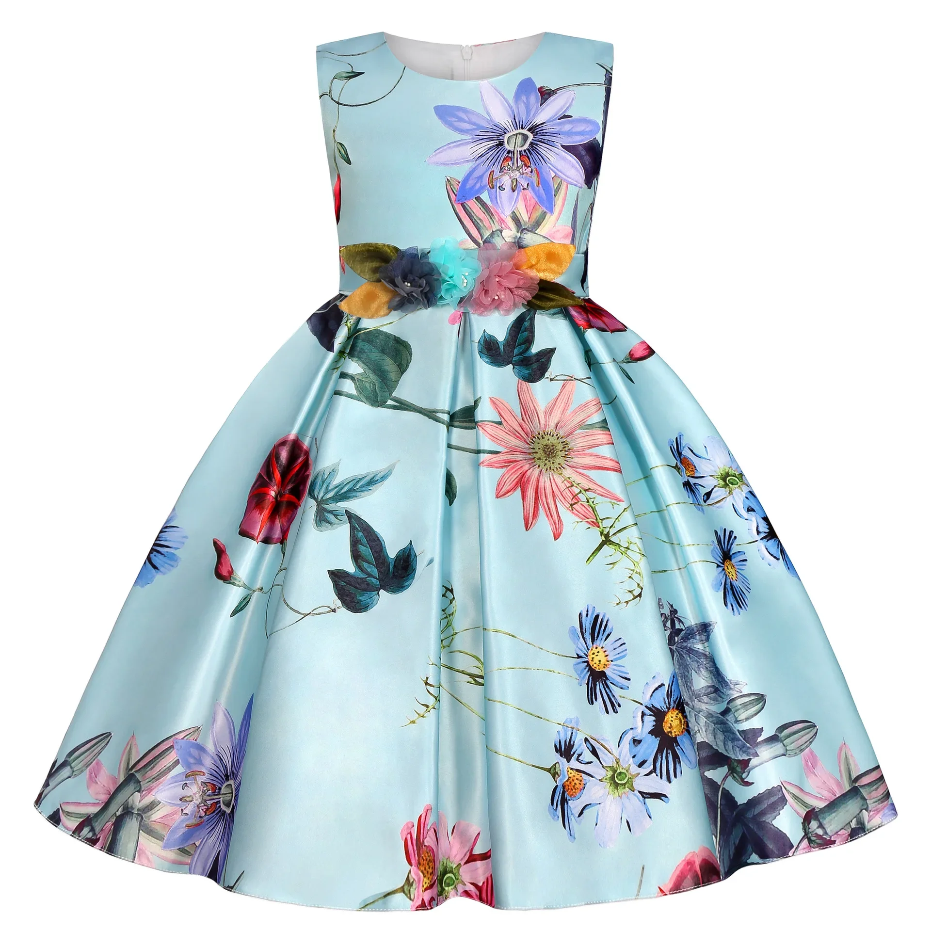 Vestido Floral de satén para niñas pequeñas, ropa de fiesta de princesa de verano, regalo de cumpleaños, sin mangas, 2 a 10 años