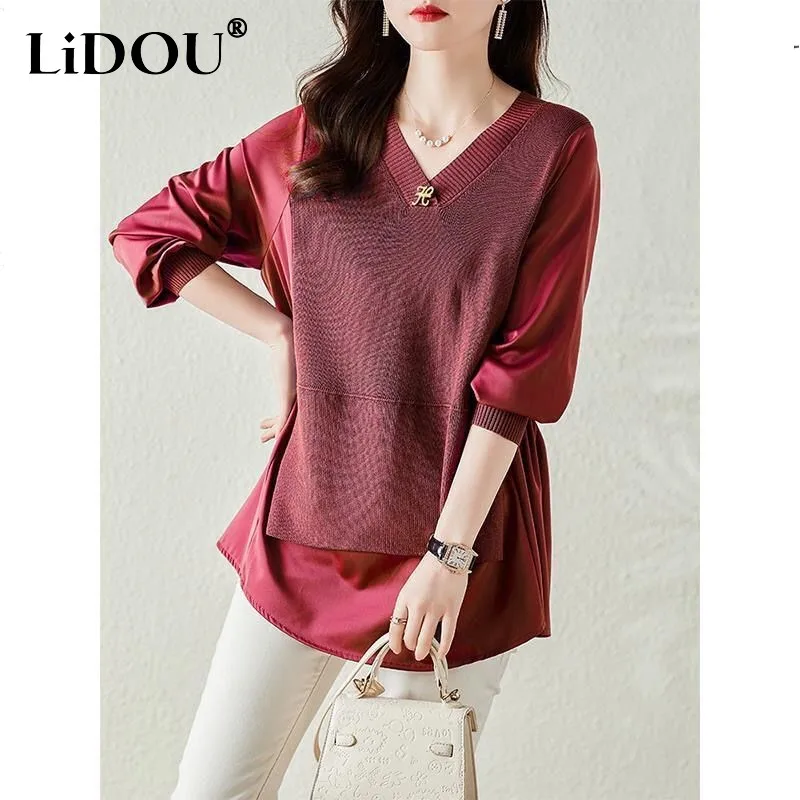 

Tops Women New Tee Autumn Spring Loose Chic Pullovers Long Sleeve Patchwork Pleated Solid Color Popularity Office Lady Elegance