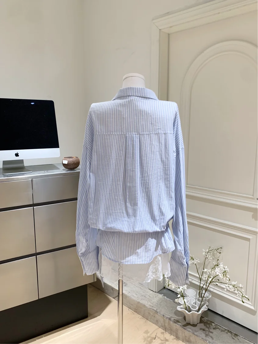 Женская белая кружевная рубашка с большим v-образным вырезом и синей полоской, облегающая талию, комплект из двух предметов, элегантный модный французский весенний новый топ