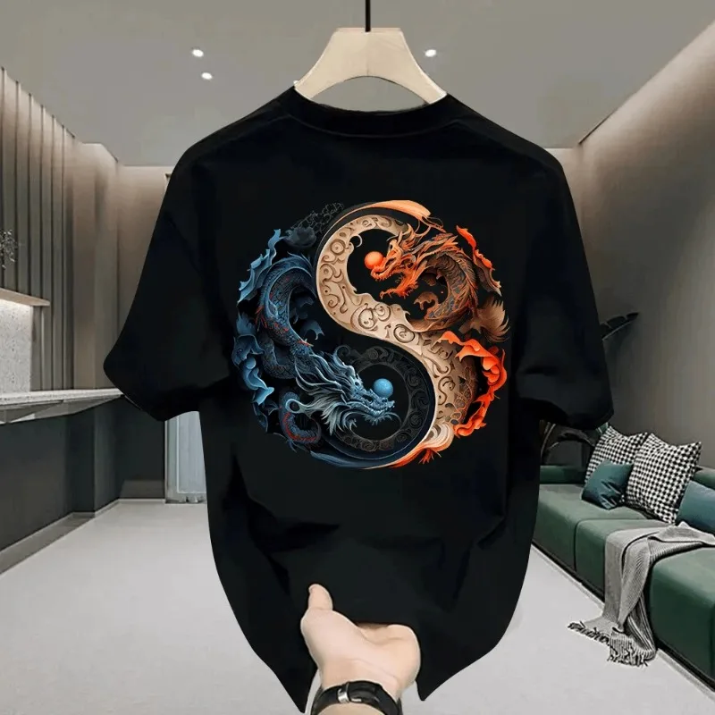 Men's Cotton T-shirts White 5XLT Shirt for Men Casual Summer Wear Chinese Loong Print Tee Shirts Black Men Clothing Fashion