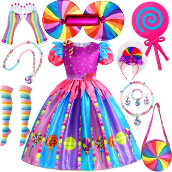 Zoete Lollipop Snoep Meisje Jurk Regenboog Tutu Kinderverjaardag Carnaval Feestkostuum Fancy Bruiloftskleding voor kinderen