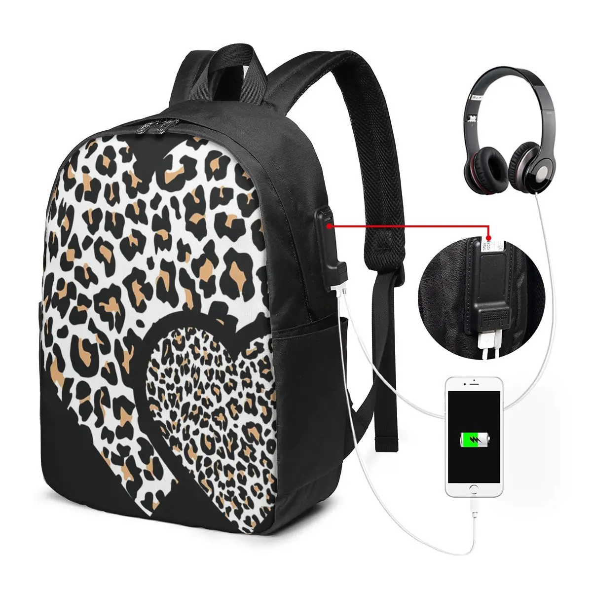 Leopard Print Heart-Shaped Backpack Travel Notebook Bag Computer College Student School Bag Laptop Shoulder Bags for Men Women