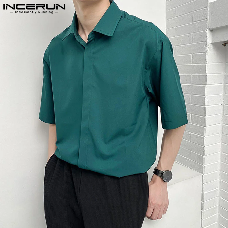 INCERUN Solid Color Men Shirt Lapel Short Sleeve Button Casual Shirts Streetwear Fashion Korean Style Leisure Men Clothing 2023