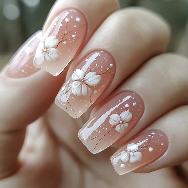24 Uñas Postizas Medianas y Largas con Diseño de Dragones Amarillos, Flores y Plumas, para Primavera y Verano, Puntas Almendra Cuadradas 6