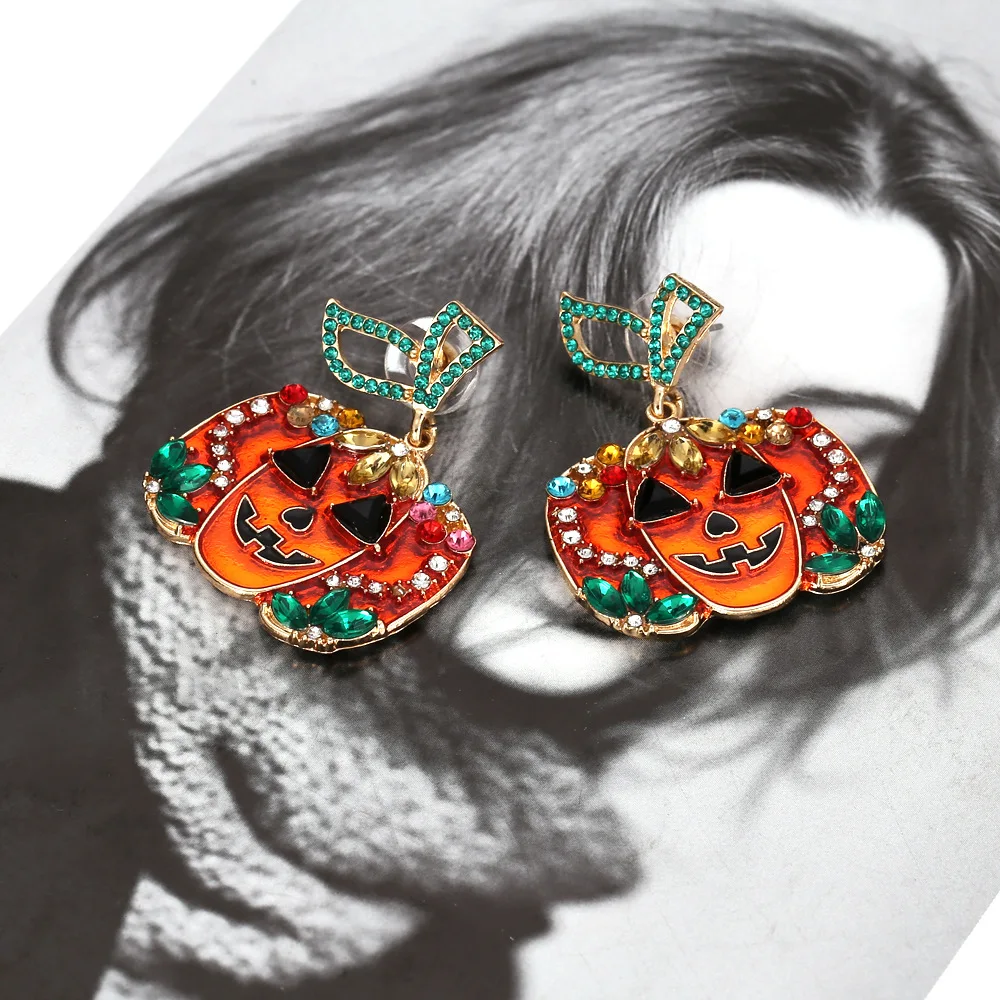 Exaggerated Halloween diamond-encrusted skull jack-o-lantern earrings retro grimace ghost earrings fashion earrings women