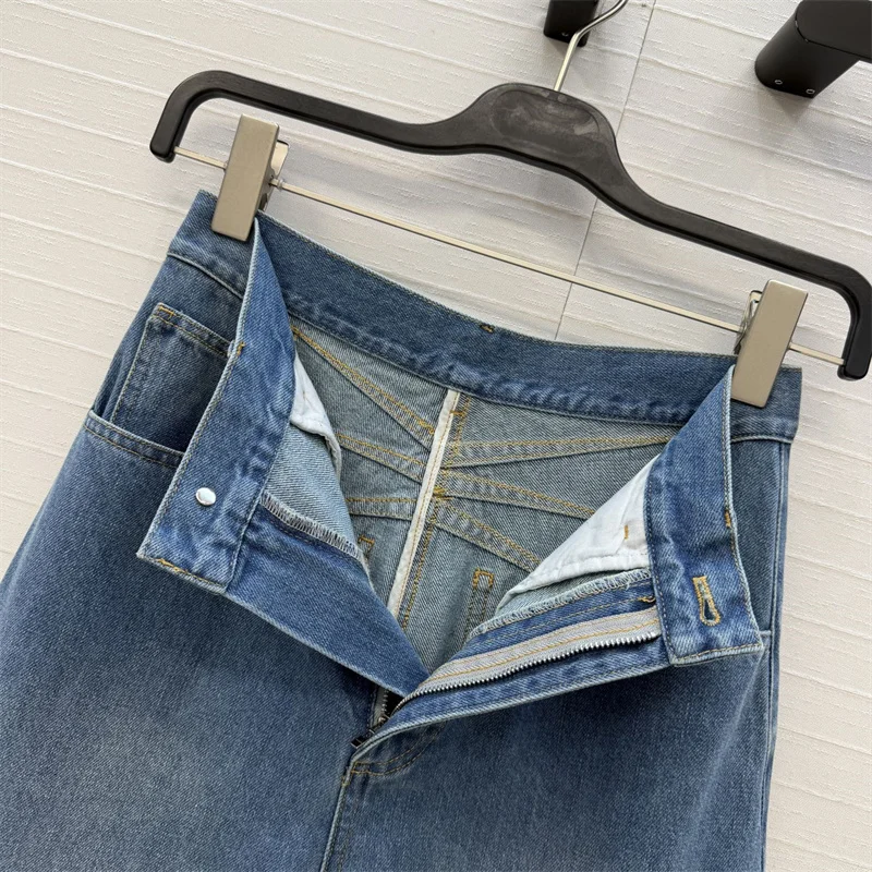 Immagine 6: Jeans da donna: Nuovi pantaloni a vita alta slim fit a gamba dritta per la primavera 2026, pantaloni vintage lavati a gamba larga in denim di puro cotone