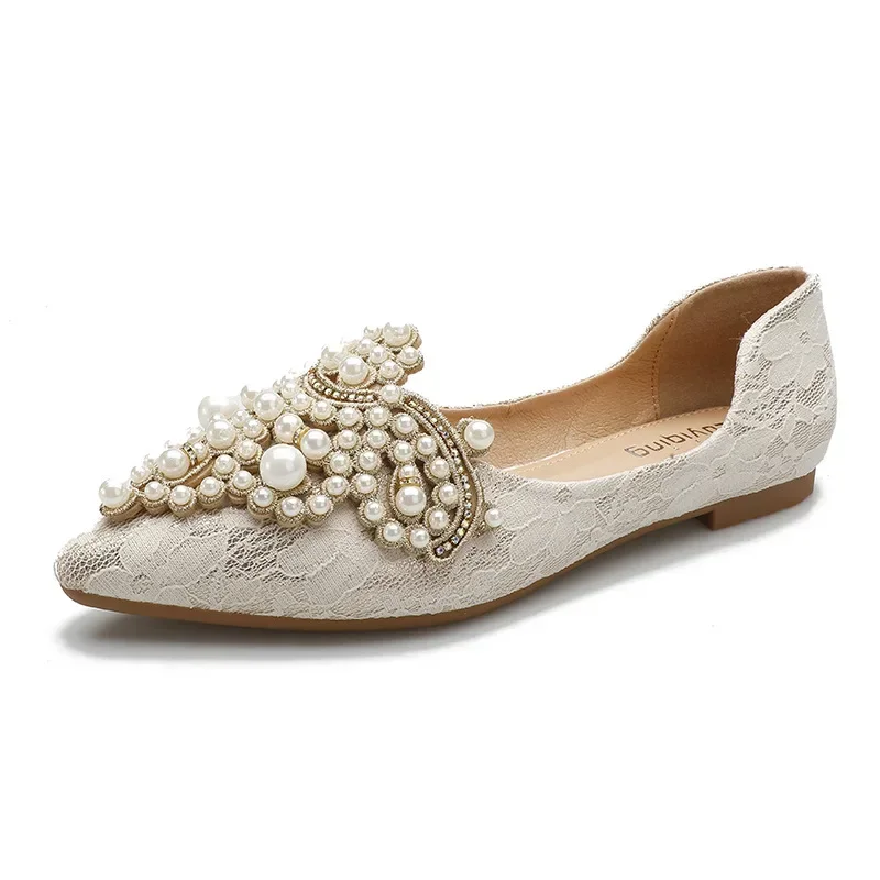 Flat Shoes for Women 2023 Spring Summer Designer Lace Beads Wedding Shoes Woman Ballerina Pointed Toe Loafers Zapatillas Mujer