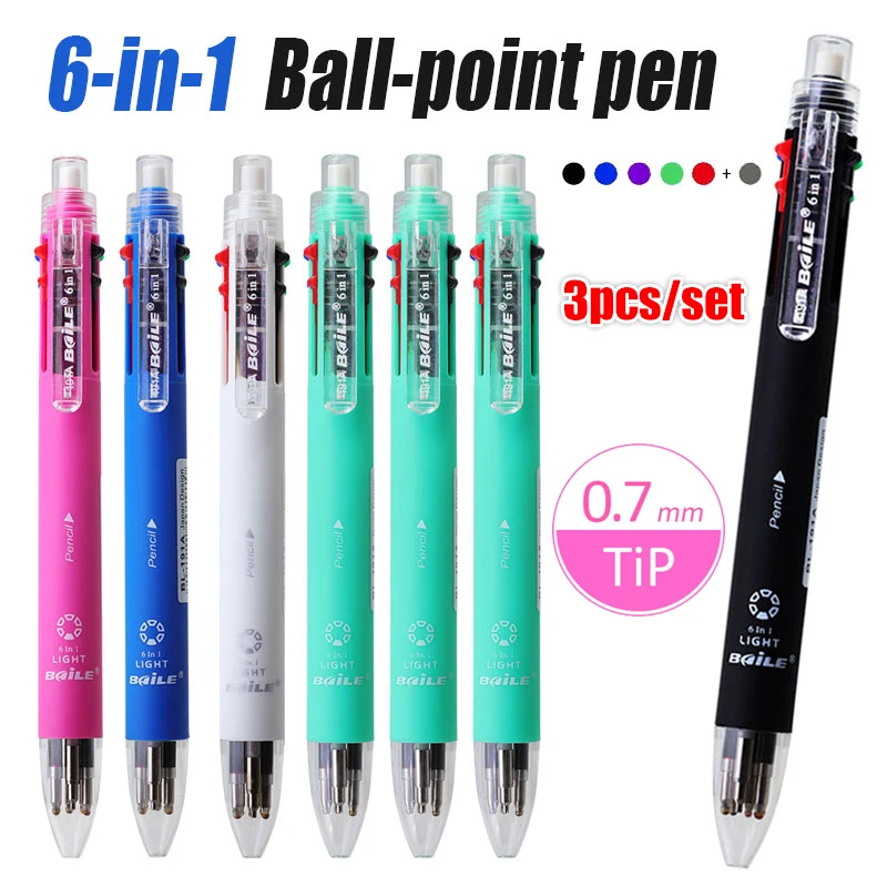 3Pcs/Set 6 In 1 Ballpoint Pen Set 5 Color 0.7mm Pen Refills And 0.5mm Automatic Pencil For School Writing Office Supplies