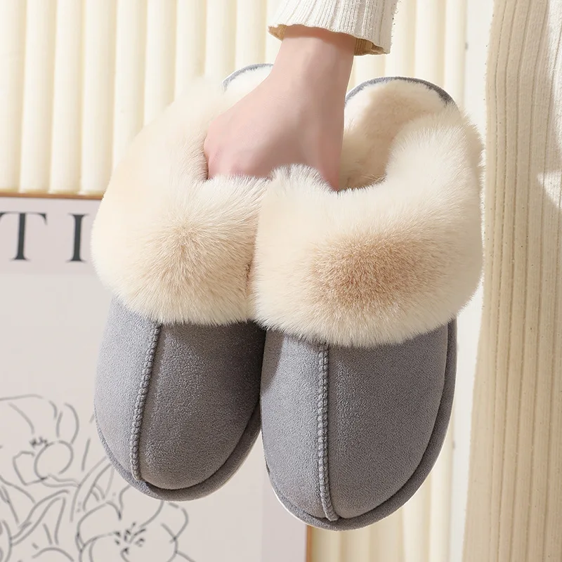 Popular Design Winter Faux Fur Slippers for Couples Warm Cozy Home Shoes Indoor Outdoor Non Slip House Cotton Slippers