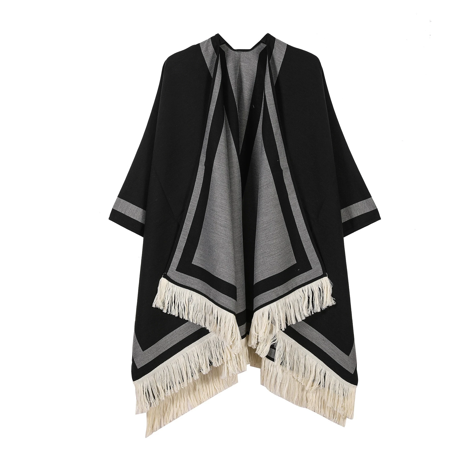 New Indian Nepalese Style Geometric Tassel Split Women Shawl Warm Air Conditioning Room Lady Cloak Poncho Capes Black Khaki