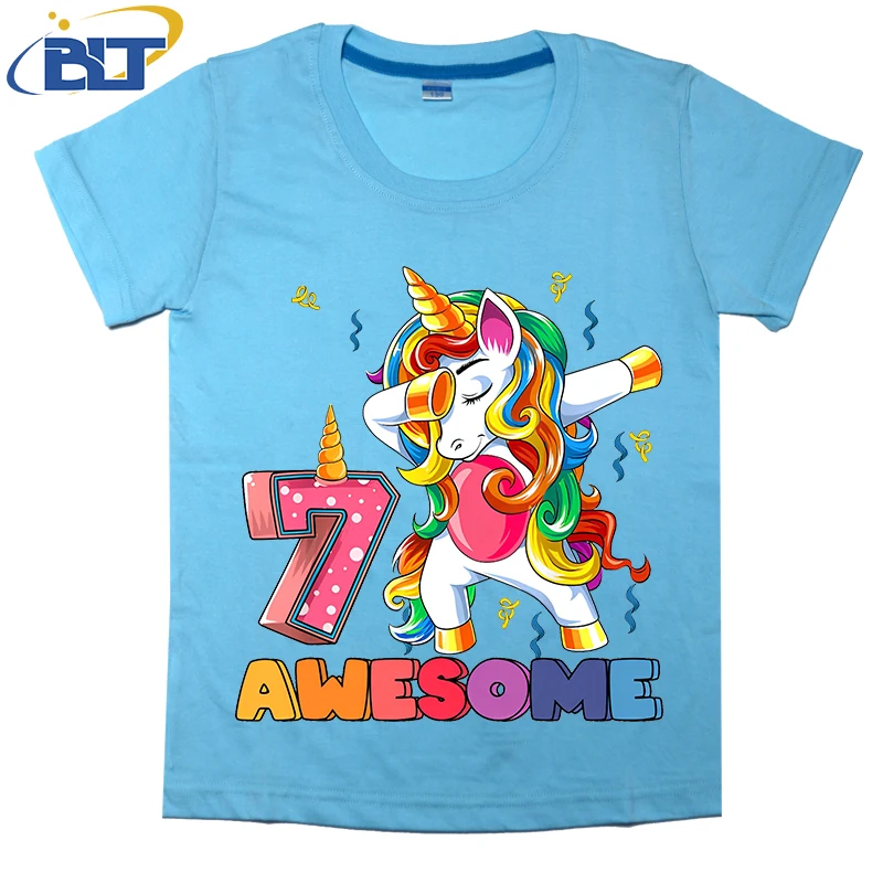 Awesome Dabbing Unicorn Birthday 7 year old Girl Printed kids T-shirt Summer Cotton Short Sleeve Casual Tops For Boys and Girls