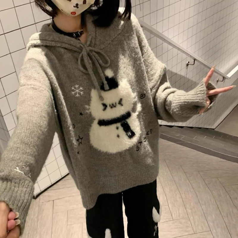 

Autumn Winter Kawaii Lolita Style Knitted Pullovers Women Sweet Christmas Cartoon Hooded Sweaters Tops Loose Cute Knitwear Tops