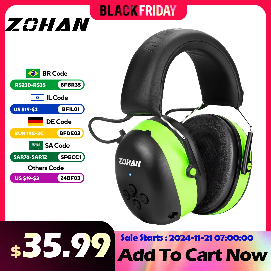 ZOHAN Hearing Protection Bluetooth headphone Earmuffs 5.0 Headphones Safety Noise Reduction 25dB NRR Protector for Mowing Music