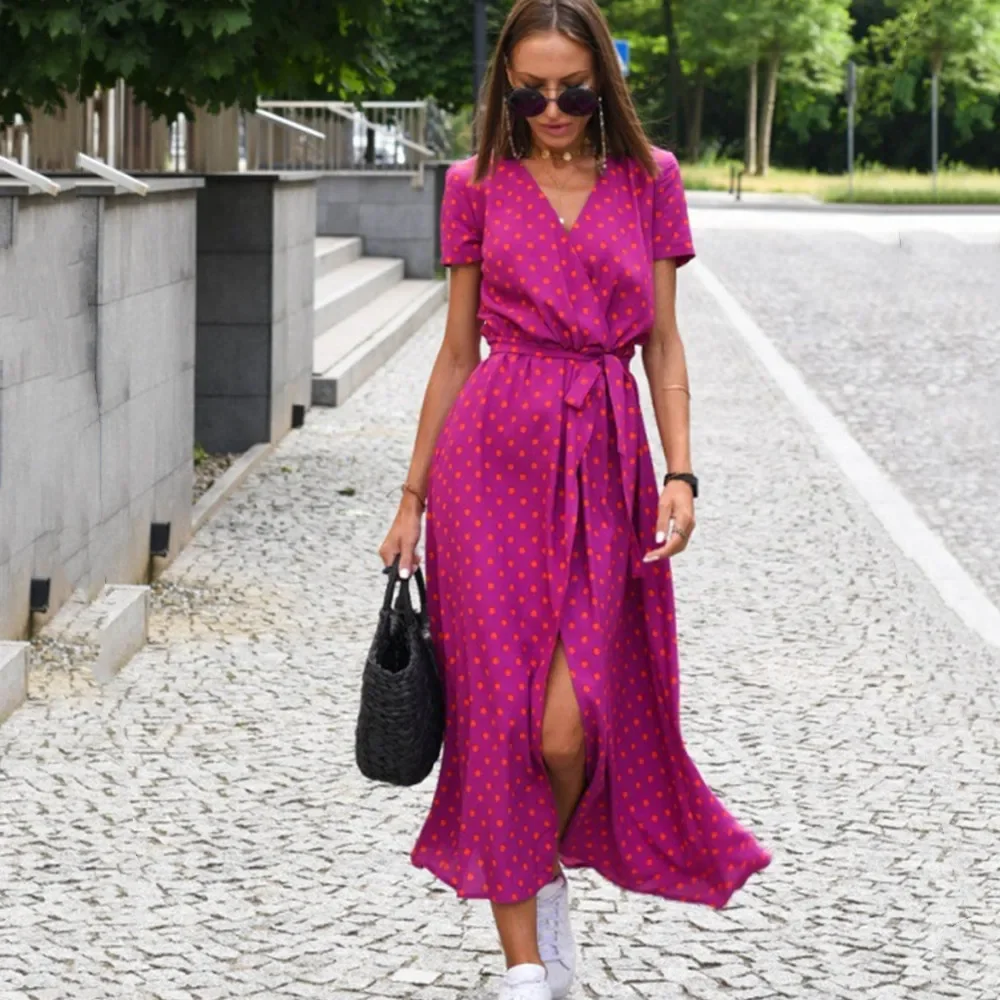 女性ドレス夏のセクシーな V ネックスプリットドット花柄エレガントなカットアウトドレス Vestidos 包帯自由奔放に生きるドレスローブロングエファム