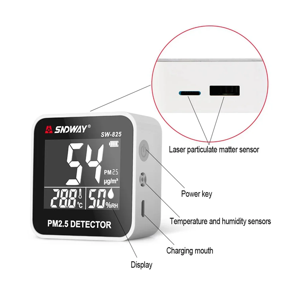 SW825 Digital PM2.5 Detector 0-500ug Mini Portable Temperature Humidity Meter Laser Sensor Air Quality Monitor