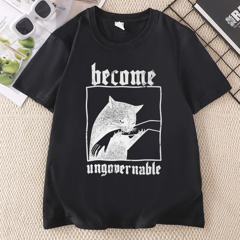 Become Ungovernable Funny Graphic Cat Biting Hand T-shirt Graphic Tee Comfort Cotton Short Sleeve Round Neck Tees
