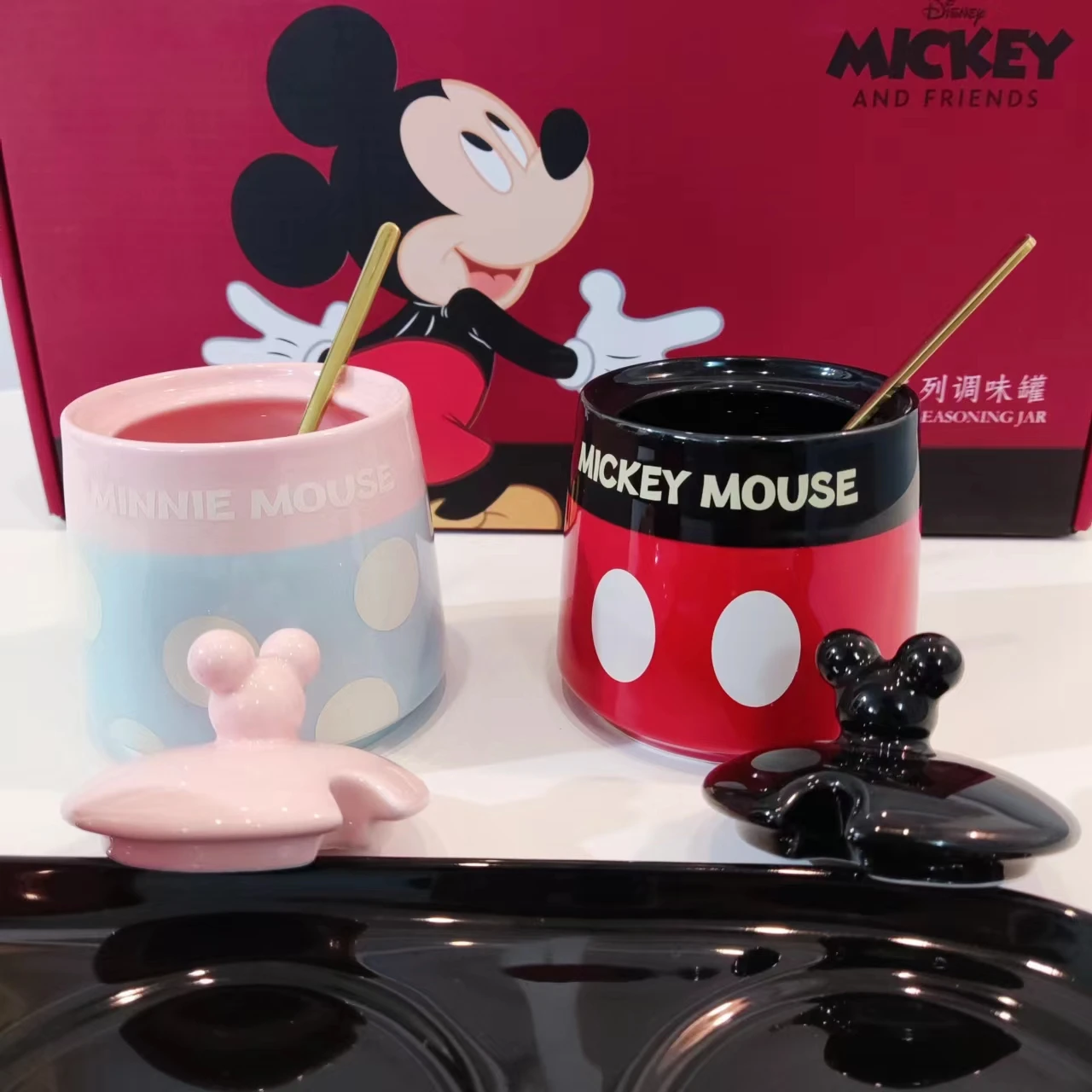 Disney Mickey Seasoning Box Ceramic Seasoning Pot Set Salt Pot With Spoon Seasoning Pot Kitchen Household Cartoon Seasoning Boxs