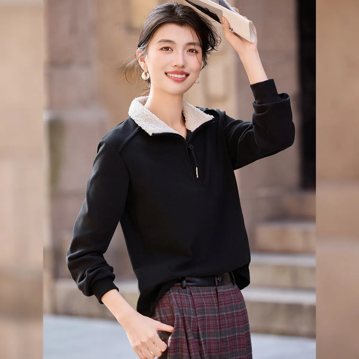 LOUIS YAO Knitted German Velvet Double sided Thick Hoodie 2025Autumn Casual Sweatshirt Contrast Color Stand up Collar Zipper Top