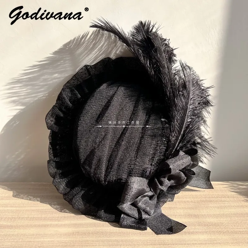 

Original Handmade Lolita Hat Girls Women's Generating Color Cute Bow Feather Fedoras Soft Gauze Mesh Hats