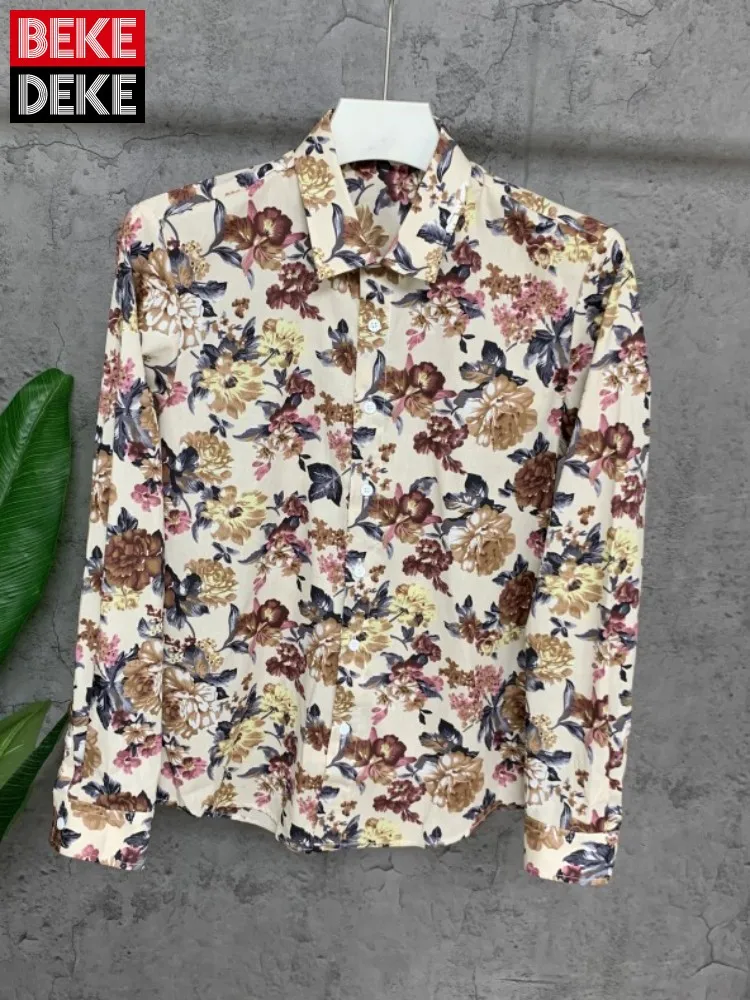 

Hot Sale Spring Mens Streetwear Handsome Shirts Male Printed Flower Cotton Long Sleeve Shirt Autumn Slim Turndown Collar Tops