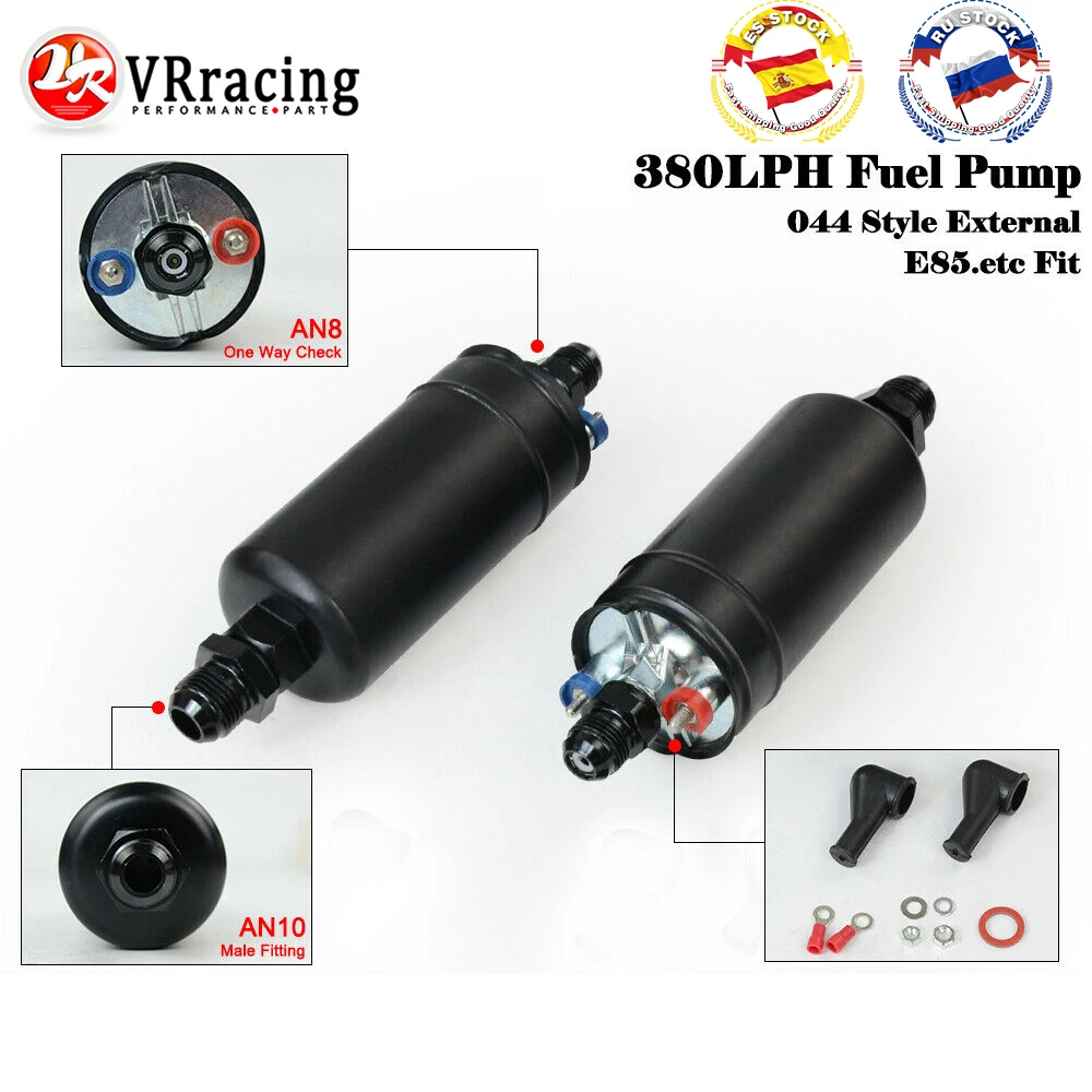 VRracing-NEW PQY 380LPH Inline External Fuel Pump 10AN Inlet+Check Vavle 8AN Outlet Fittings E85 Compatible 044 Style Fuel Pump