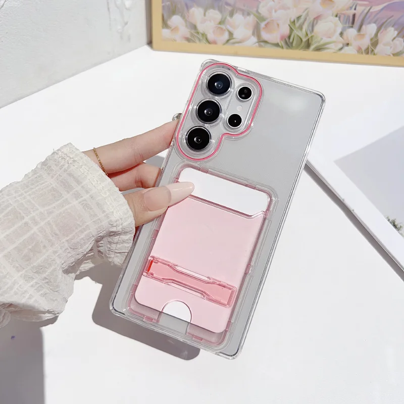 Neue Einfarbig Brieftasche Einzelnen Karte Slot Falten Halter Stoßstange Telefon Fall Für Samsung S25 Ultra S23 S22 S24 Ultra Acryl Zurück Abdeckung