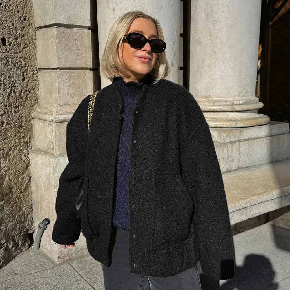 

Original Looped Woolen Coat Autumn and Winter Women Simple Loose Soft Stand Collar Thick Warm Daily Office Travel Leisure Jacket