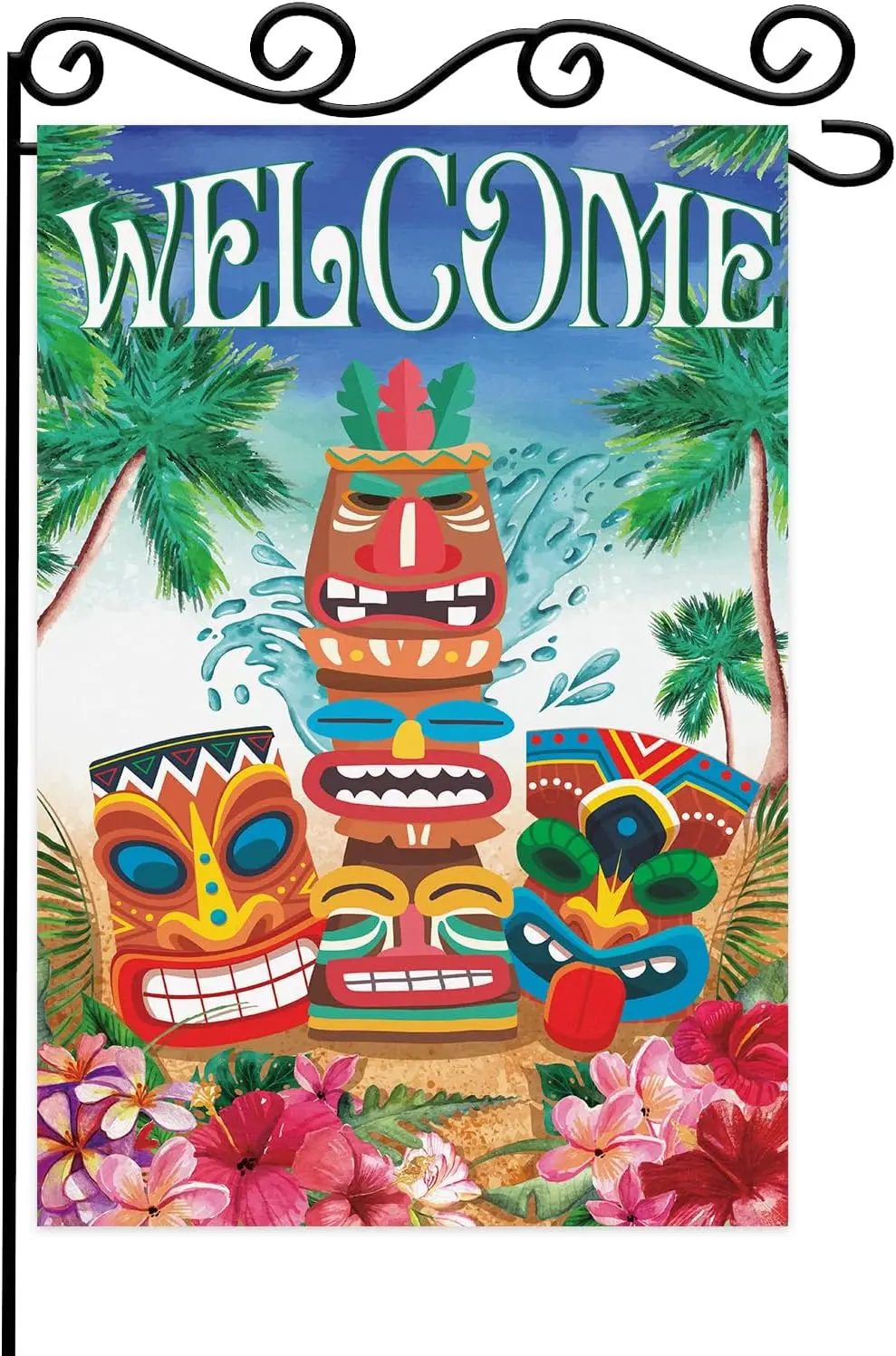 Tiki Time Summe House Flag - Luau Party Yard Sign - Tiki Bar Hawaii Tropical Luau Hibiscus Frangipani Flower Flag - Summer Outdo