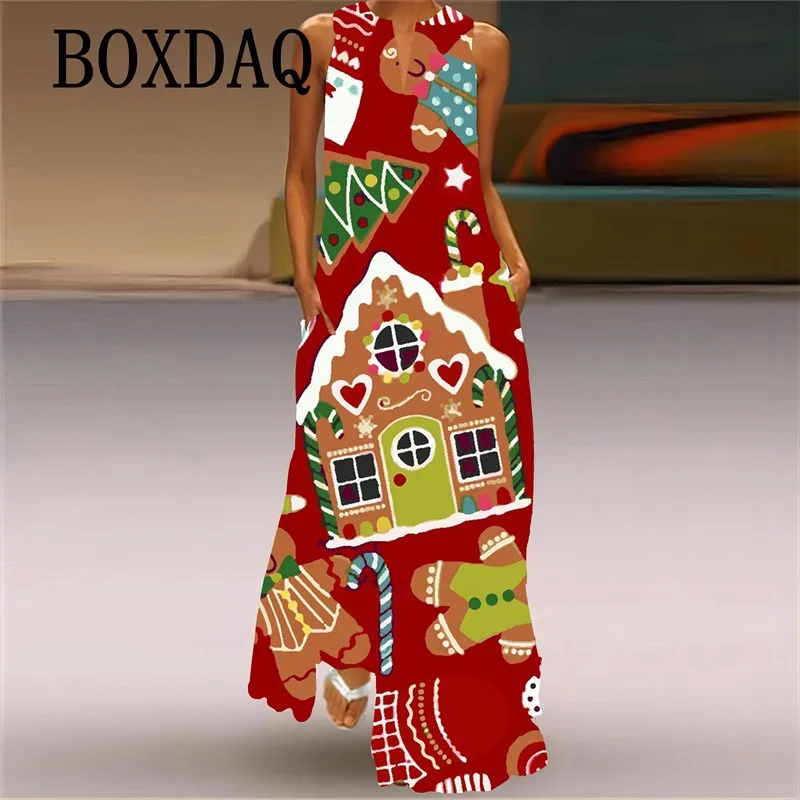 Christmas Party Women Long Dress New 2024 Autumn Cute Santa Claus Christmas Tree Print Maxi Dress Ladies Clothing Casual Robe