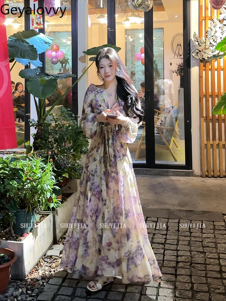

Slightly Fat Girl Lace-up V-neck Floral Long Dress Spring Summer High-end Temperament Seaside Vacation Long-sleeved Maxi Dresses