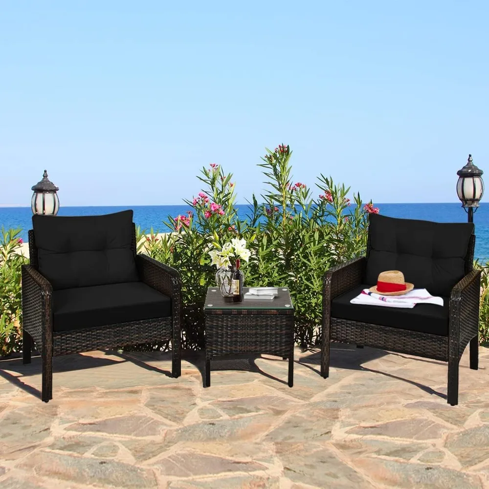 

3-piece outdoor wicker furniture set, with coffee table and chairs, and a terrace tavern with seats