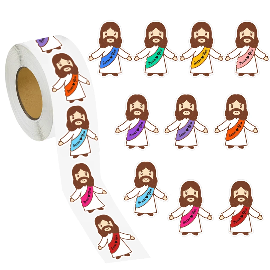 Rolo de Adesivos Jesus Ama Você com 500 Peças, Etiquetas Decorativas de Caráter Religioso para Embalagens, Selagem de Envelopes, Diários, Scrapbooking