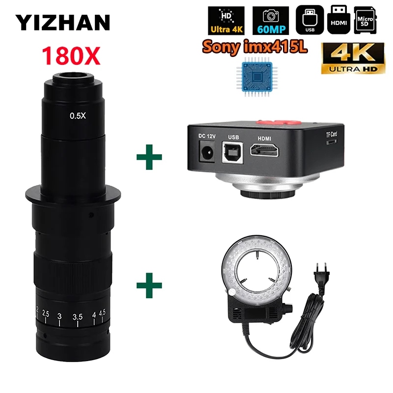 YIZHAN 4K 180X Lens Digital Microscope for Soldering 60MP HD Camera IMX415L HDMI USB Ring Light Adjustable Video Microscope