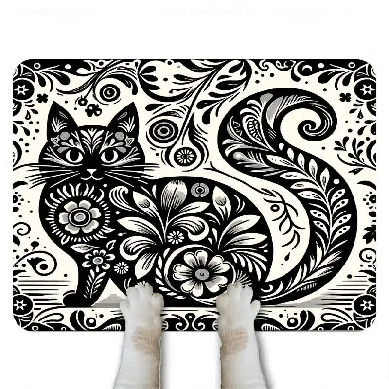 Elegant Printed Decorative Cat Swirl Print Welcome Mat Home Entry Rug Indoor Outdoor High Contrast Graphic Design Mat