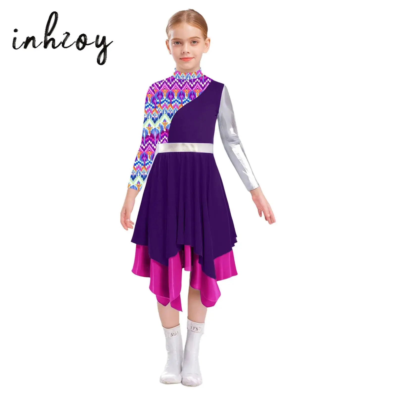 

Kids Girls Liturgical Praise Dance Dress Mock Neck Long Sleeve Print Metallic Color Block Splice Irregular Dresses Modern Dress