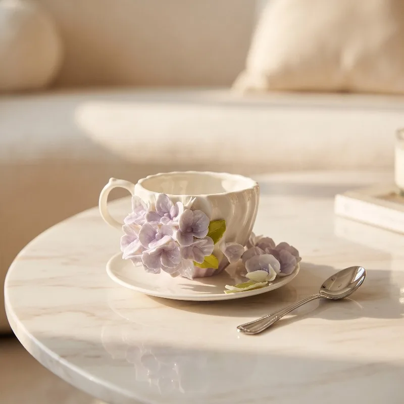 Creative and Elegant Handmade Flower Coffee Cup and Plate Set Handmade Purple Hydrangea Coffee Cup Teacup Set with Saucer