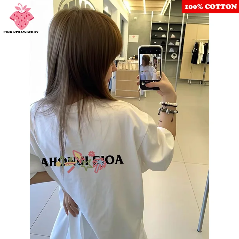 

100% Cotton American style Letter Print T-shirt Women Summer 2025 New Loose Casual Short sleeves T-shirt Y2k Top Female clothing
