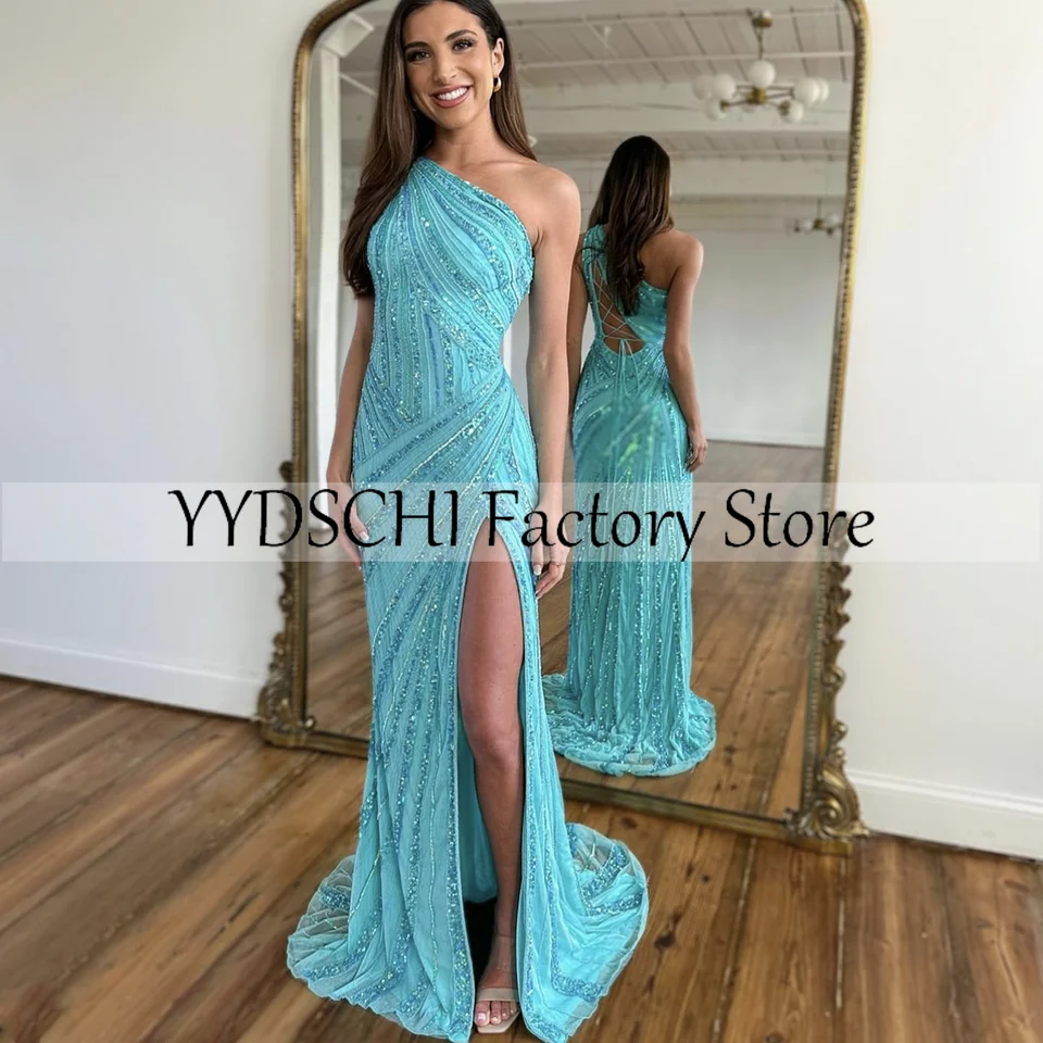 

Cocktail Dresses 2023 Strapless Green Evening Dress Crystal Beading High Slit Shiny Mermaid Sexy Pleated Wedding Party Dress