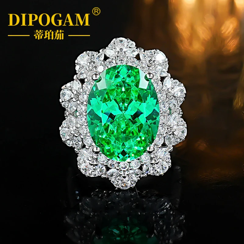 

DIPOGAM S925 sterling silver sparkling large carat Paraiba green tourmaline pigeon egg ice flower personalized fashion ring