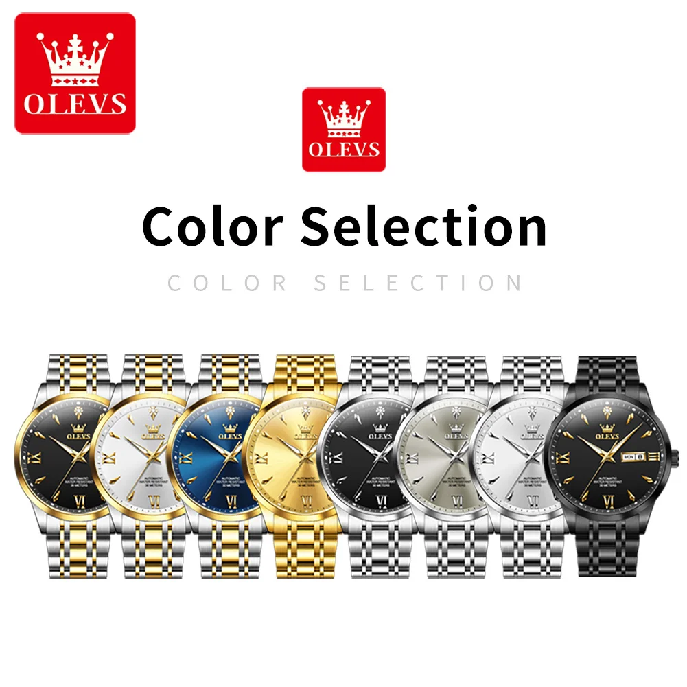 OLEVS 9956 Mens Watch Luxury Original Stainless Steel Automatic Mechanical Watch Waterproof Week Date Watches For Man Gifts