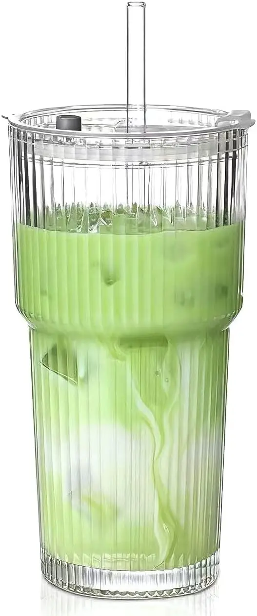 

20oz Glass Tumbler with Lid & Straw, Thickened Ribbed Design for Smoothies, Cocktails, Juices - Durable Drinkware