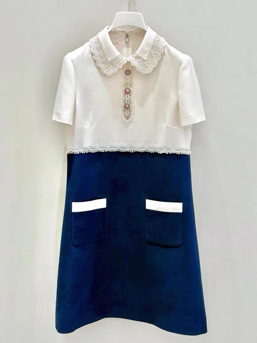 

Spring Summer Antique Lace Collar Cherry Blossom Pink Porcelain Button Vintage Patchwork Color Dress High Waist A-Line Skirt