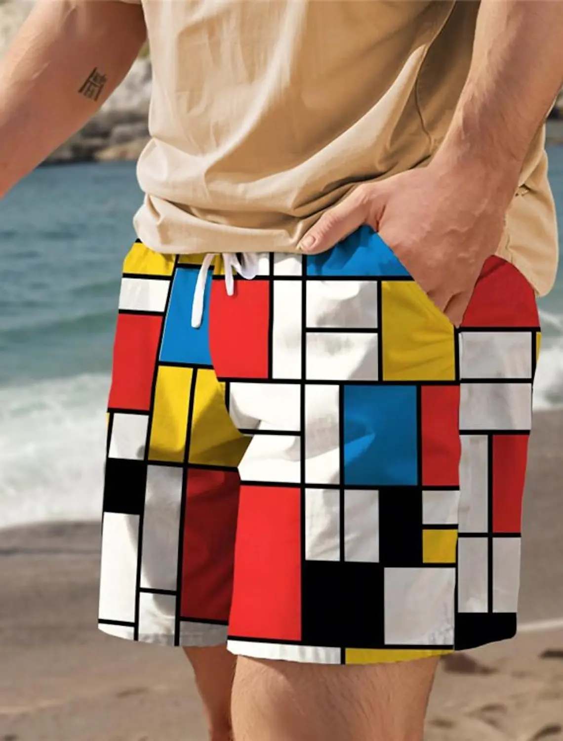 Plaid Color Block Men's Resort 3D Printed Board Shorts Pocket Drawstring Comfort Breathable Short Aloha Hawaiian Style Holiday