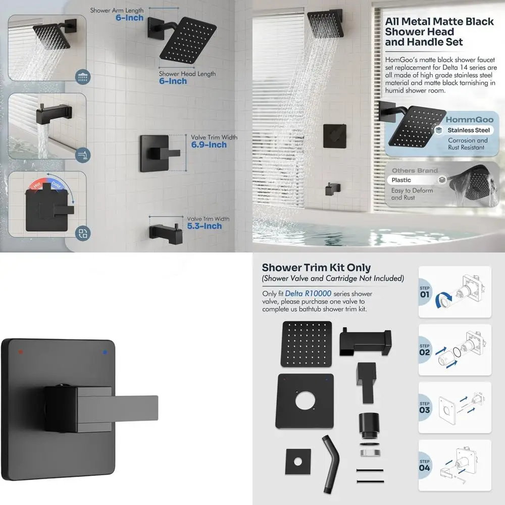 

14 Series Delta All-Metal Tub Shower Set with 6 Matte Black Showerhead & Handle (Valve Not Included)