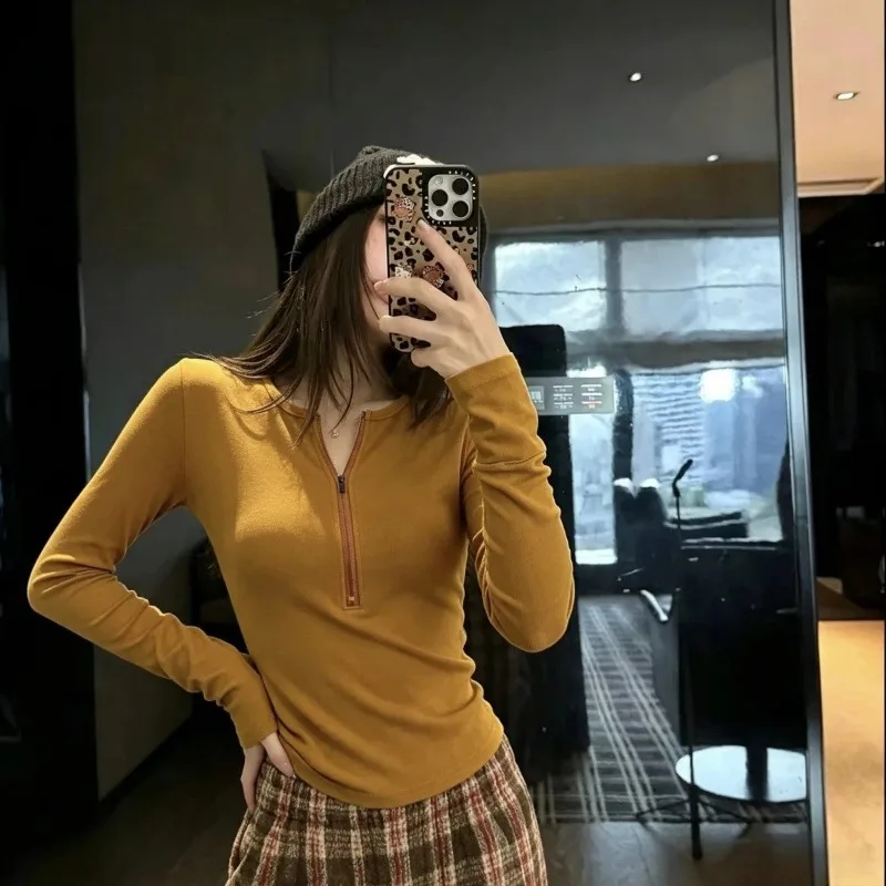 Spring Autumn New Round Neck Half Zipper Long Sleeve Slim Shirt for Women Korean Fashion Chic Versatile Base Layer Women Clothes